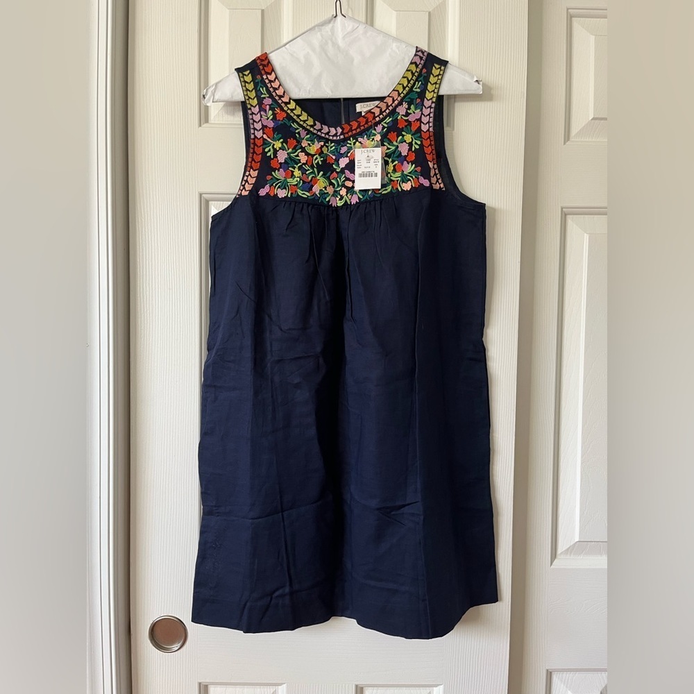 J. Crew Navy linen/cotton tank dress with multicolor floral embroidery, NWT
